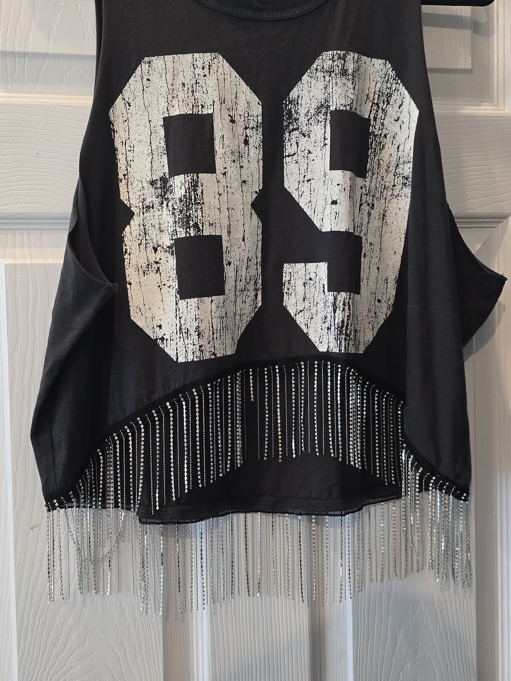Black Rhinestone Fringe Crop Tank Top with '89' Graphic